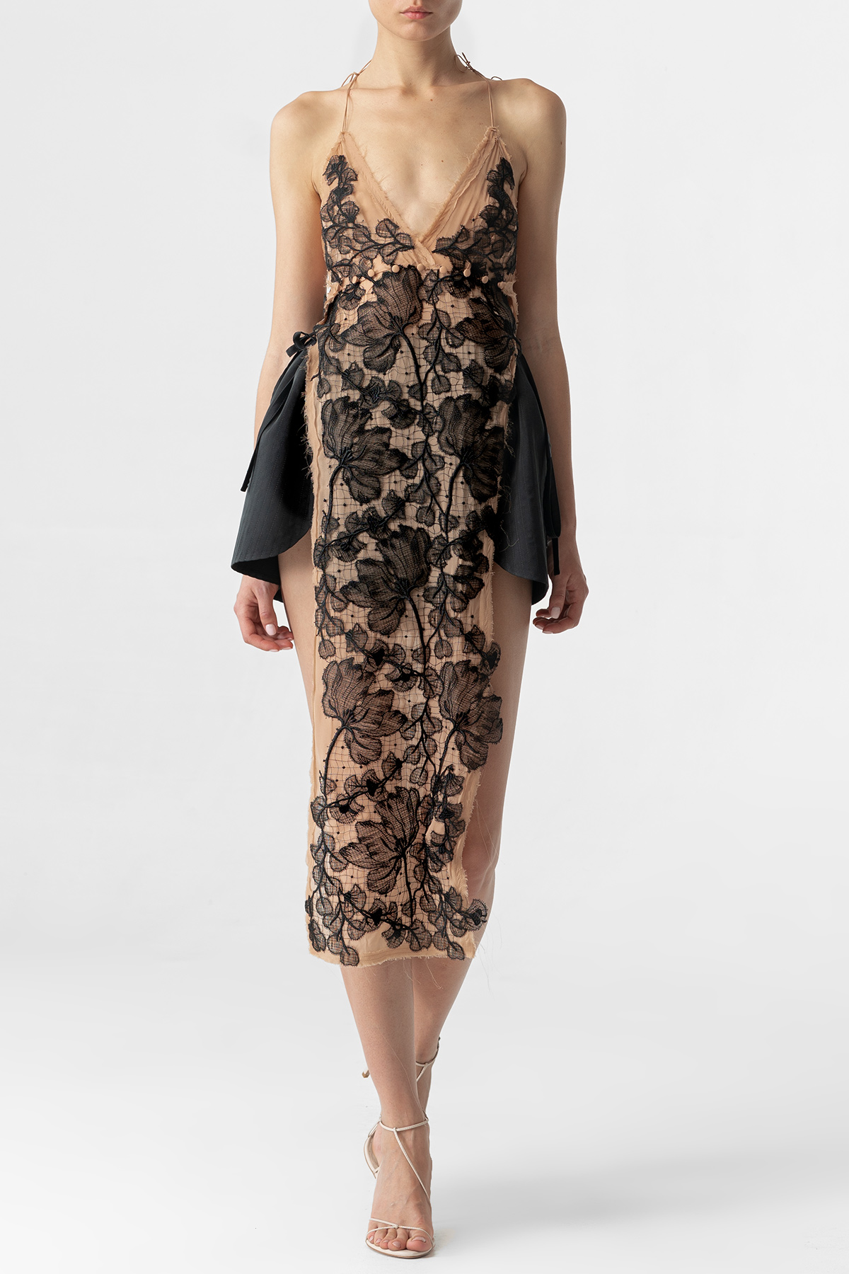 Silk dress with thin straps with cotton lace-drawstring