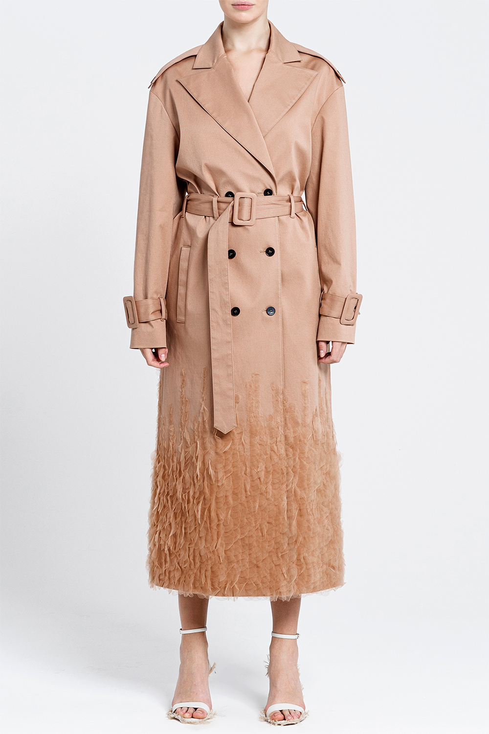 Trench coat with tulle appliques