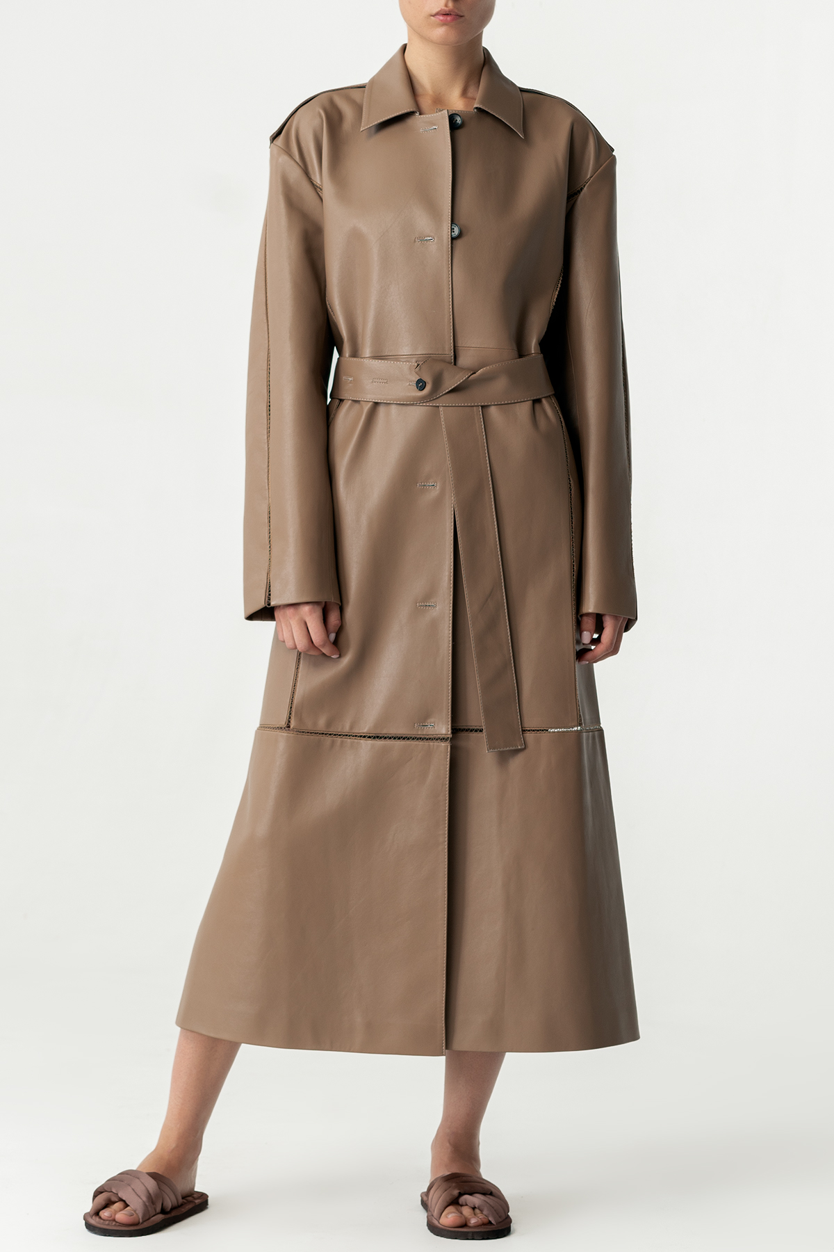 Leather trench coat with hemstitch embroidery