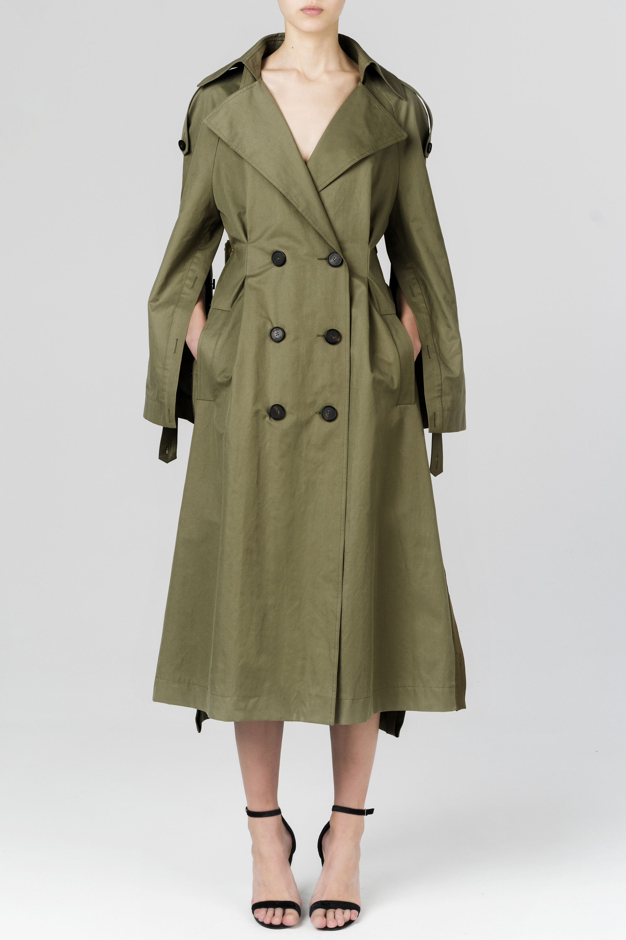Ribbon trimmed oversized trench coat with side fastening
