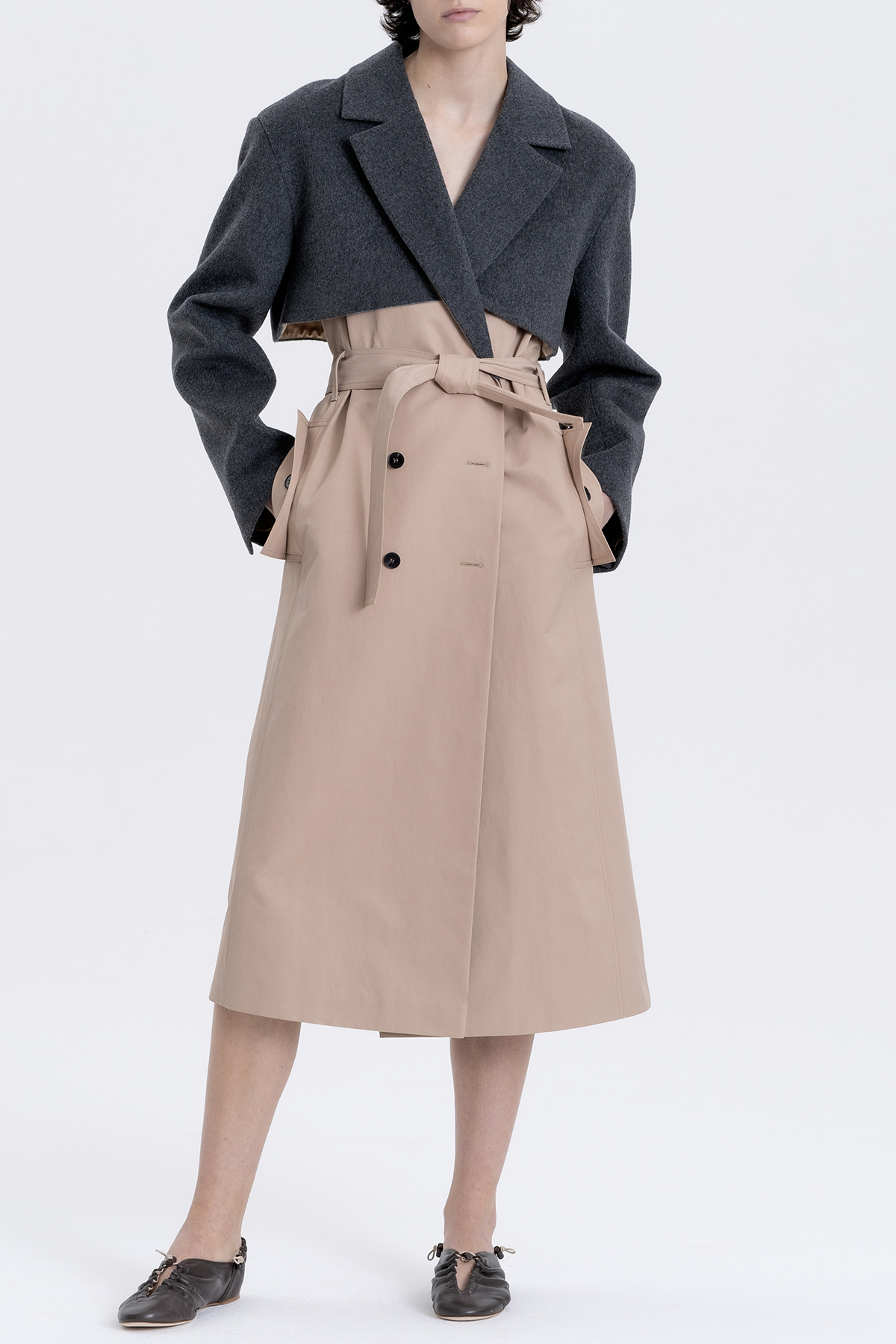 Trench coat made in two fabrics